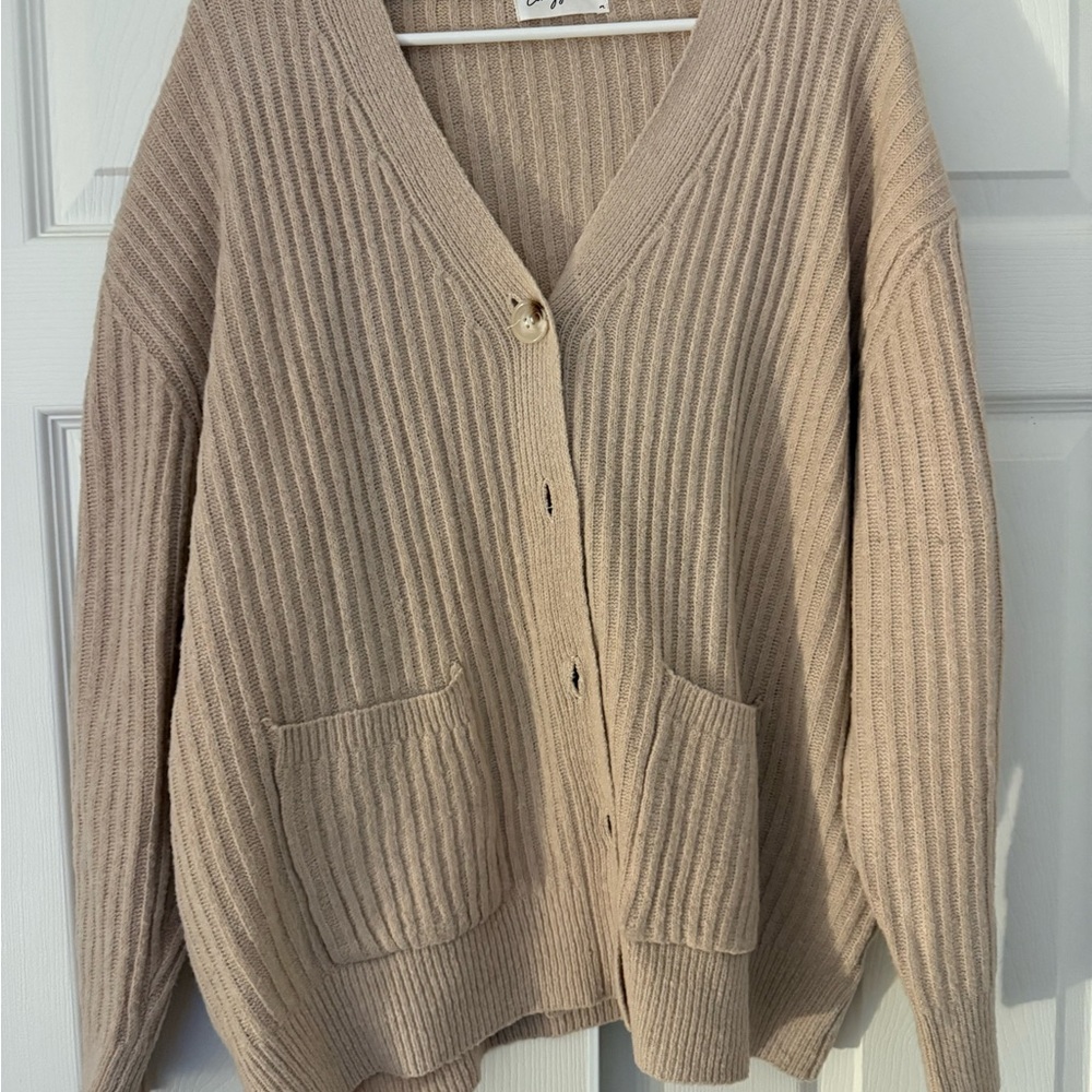 Carly Jean Los Angeles Tan Cardigan Sweater with Ribbed Knit